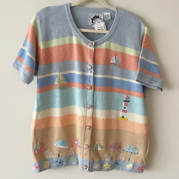 Story Knits Cardigan Sweater Striped Embroidered Details Beach Women size L - Picture 1 of 12
